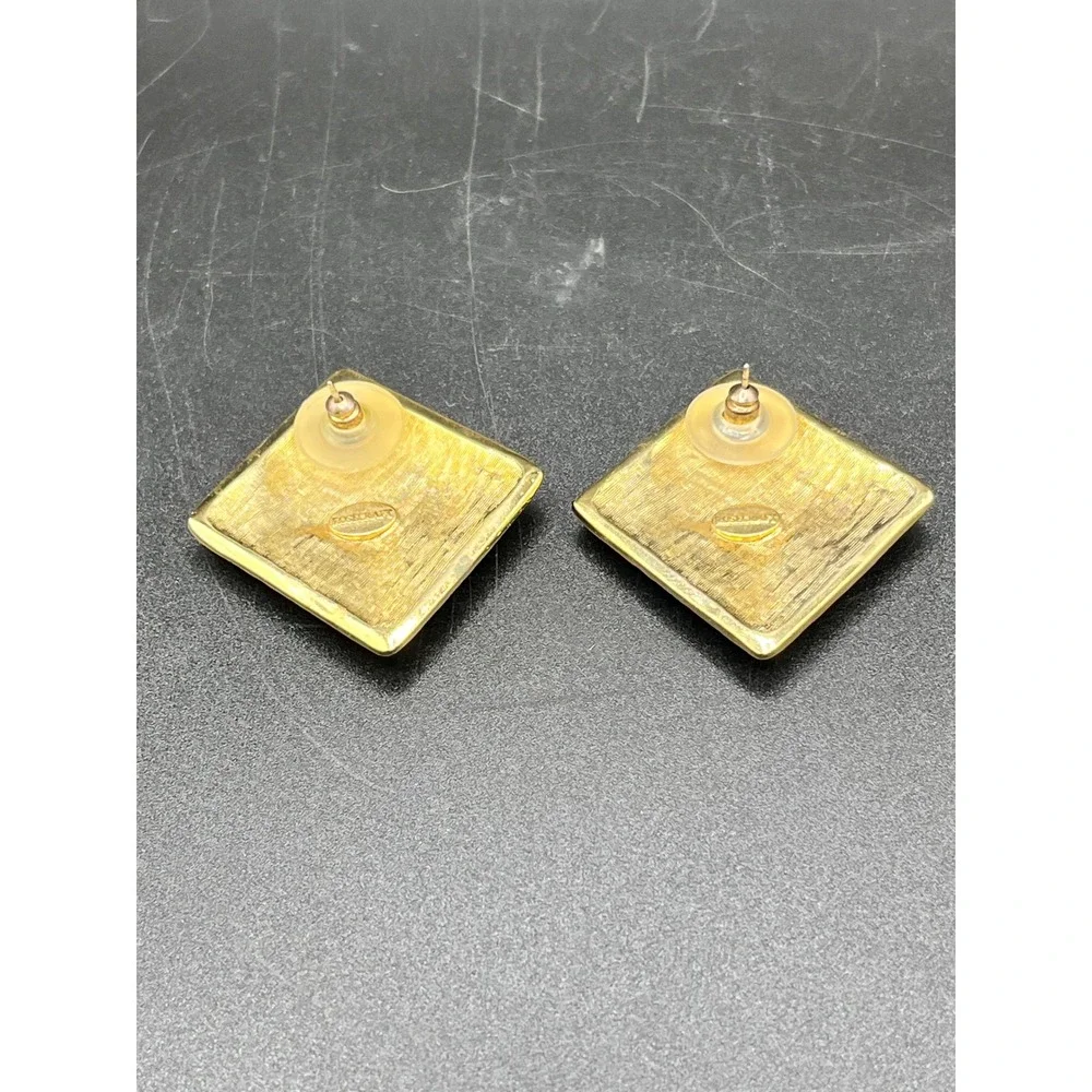 Rosecraft Gold‎ Tone Square Black Enamel Coin Motif Stud Earrings Jewelry Vtg